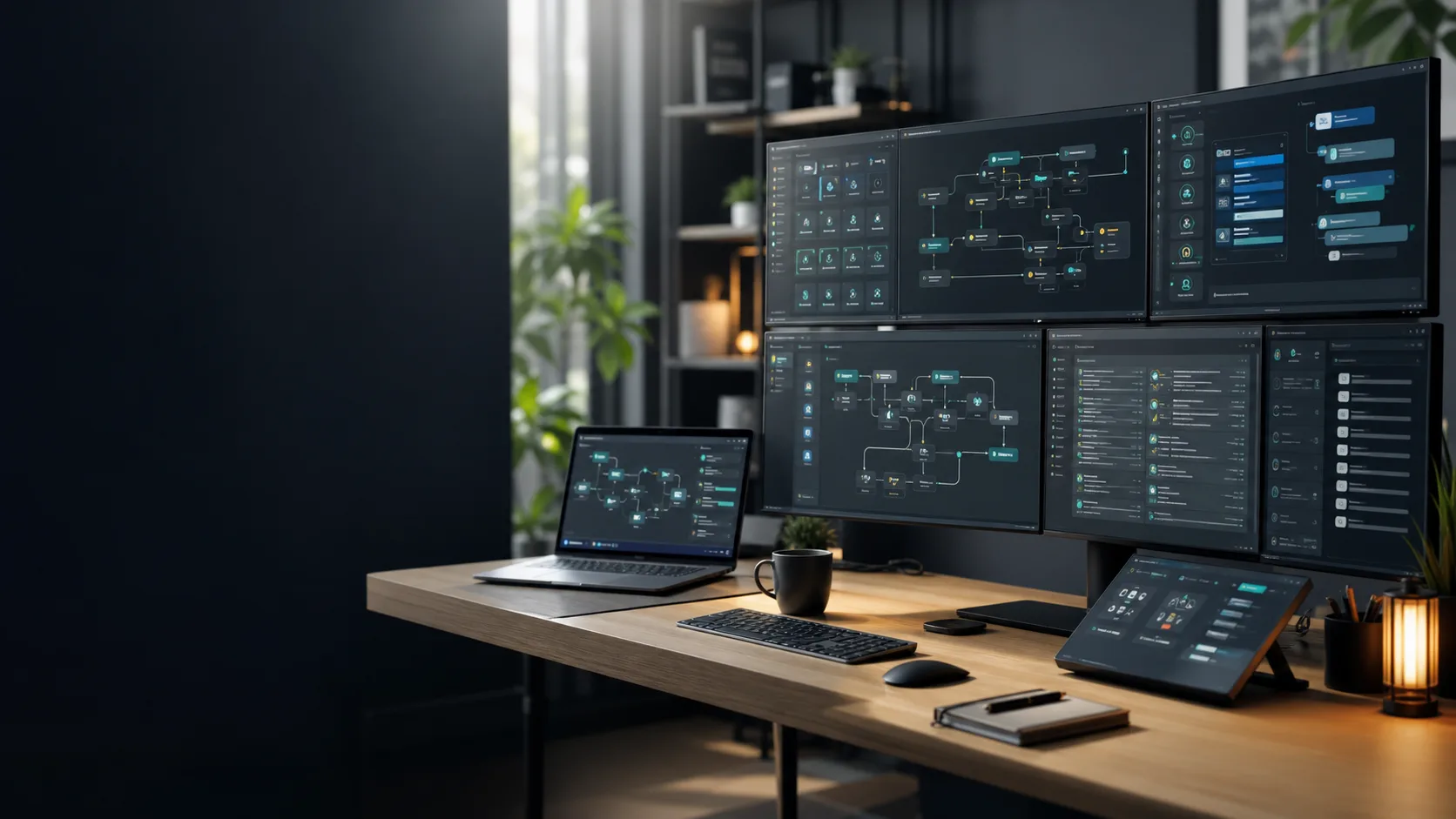 Workspace con workflow n8n, dashboard HubSpot e agente AI in esecuzione.